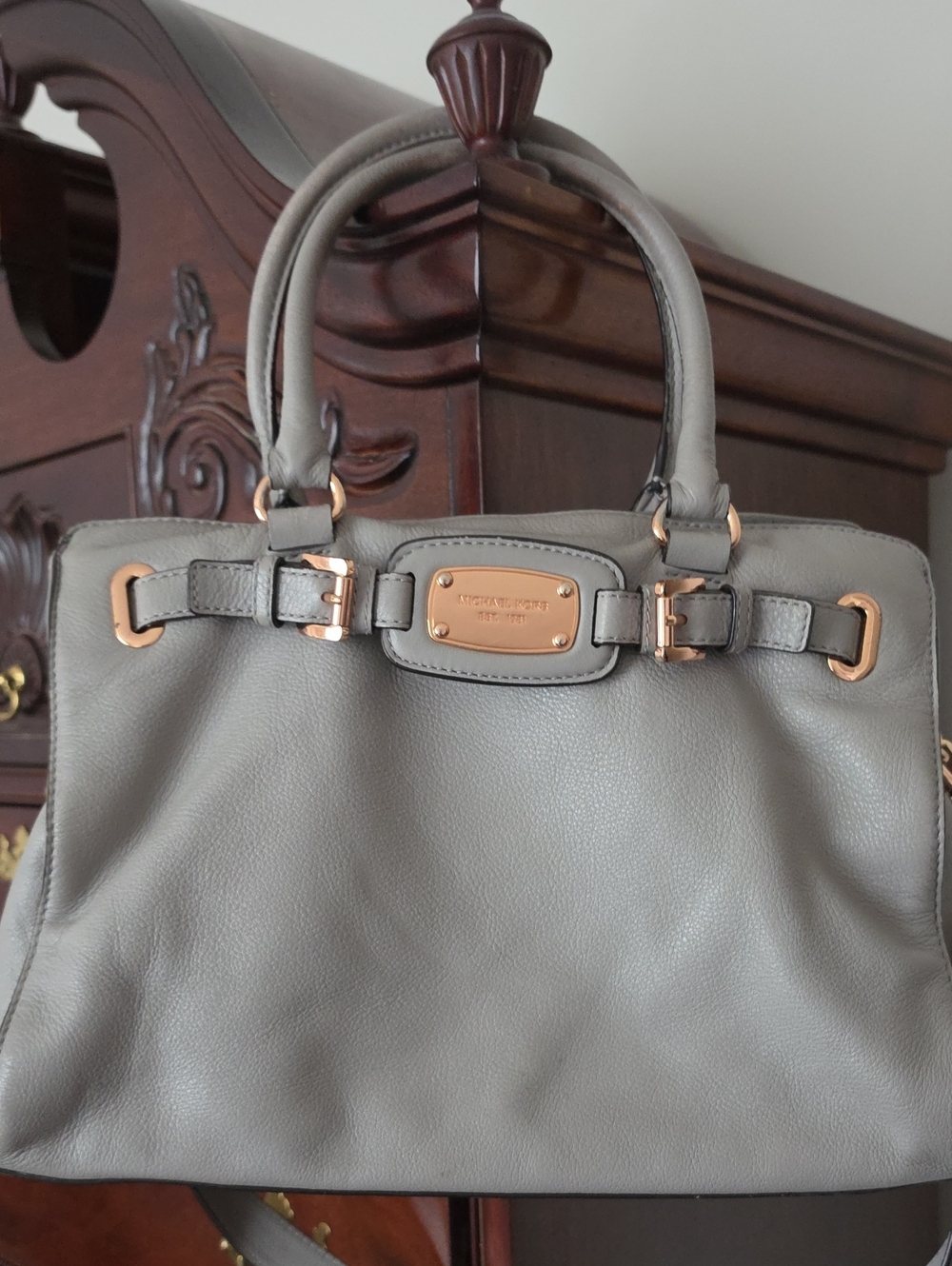 Michael Kors Light Soft Gray Leather Satchel With Rose Gold Hardware